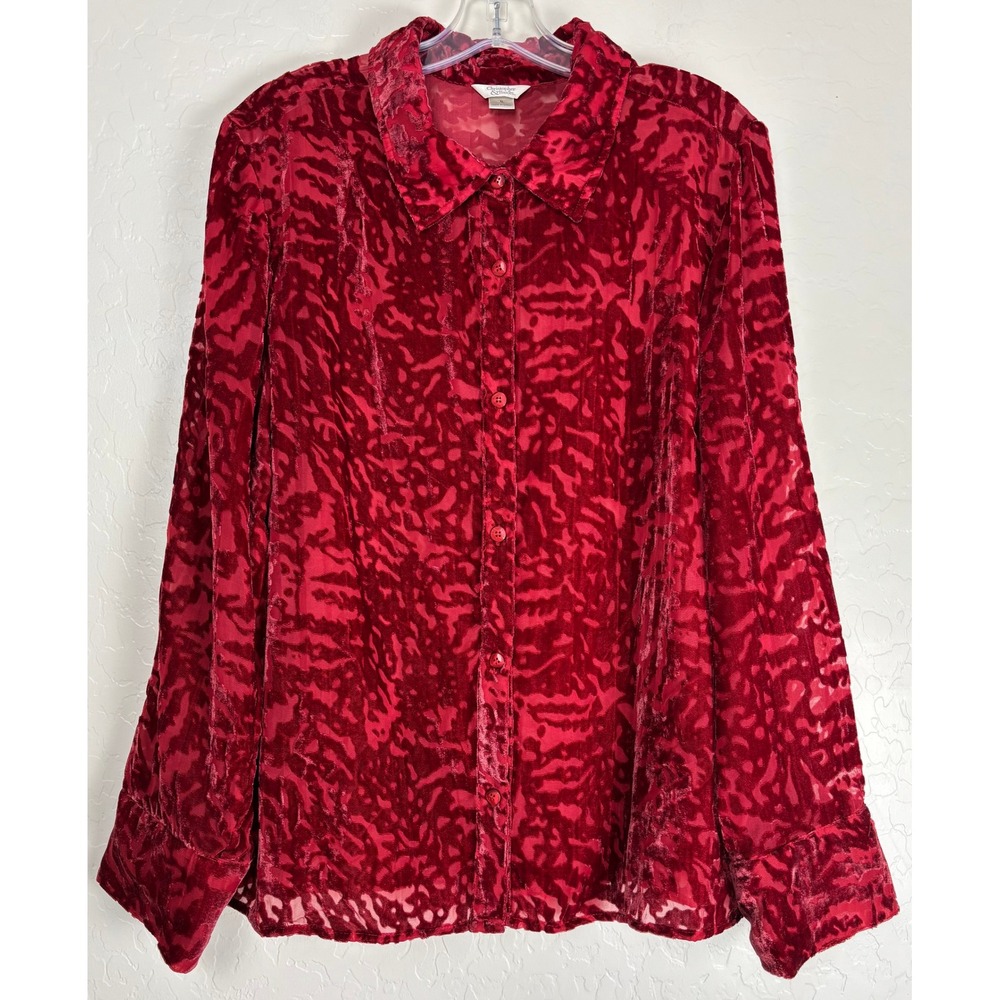 Christopher & Banks Red Burnout Velvet Button Front Blouse‎ XL Long Sleeve 2151